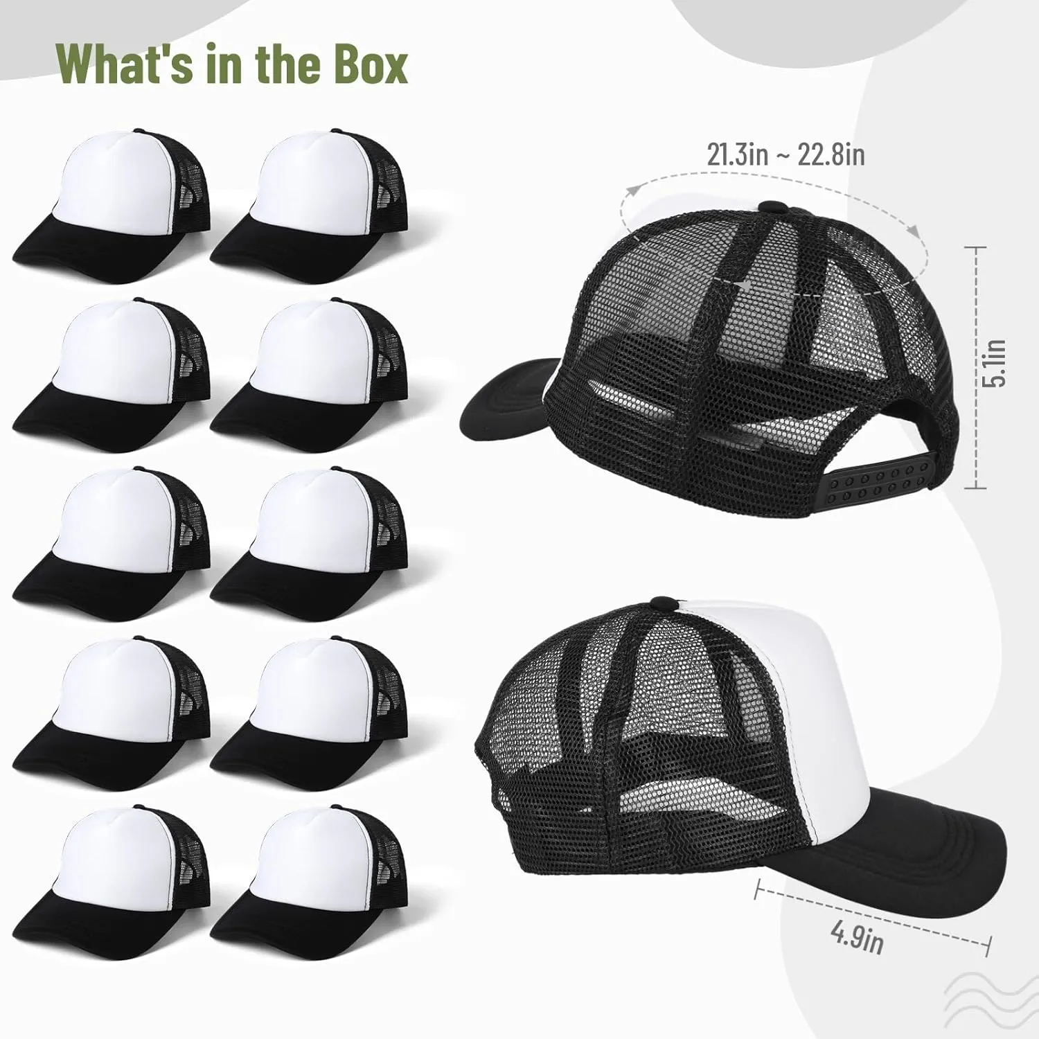 10 PCS Sublimation Blank Trucker Hats, Plain Baseball Caps with Adjustable Back Strap Unisex Mesh Caps for Men and Women DIY