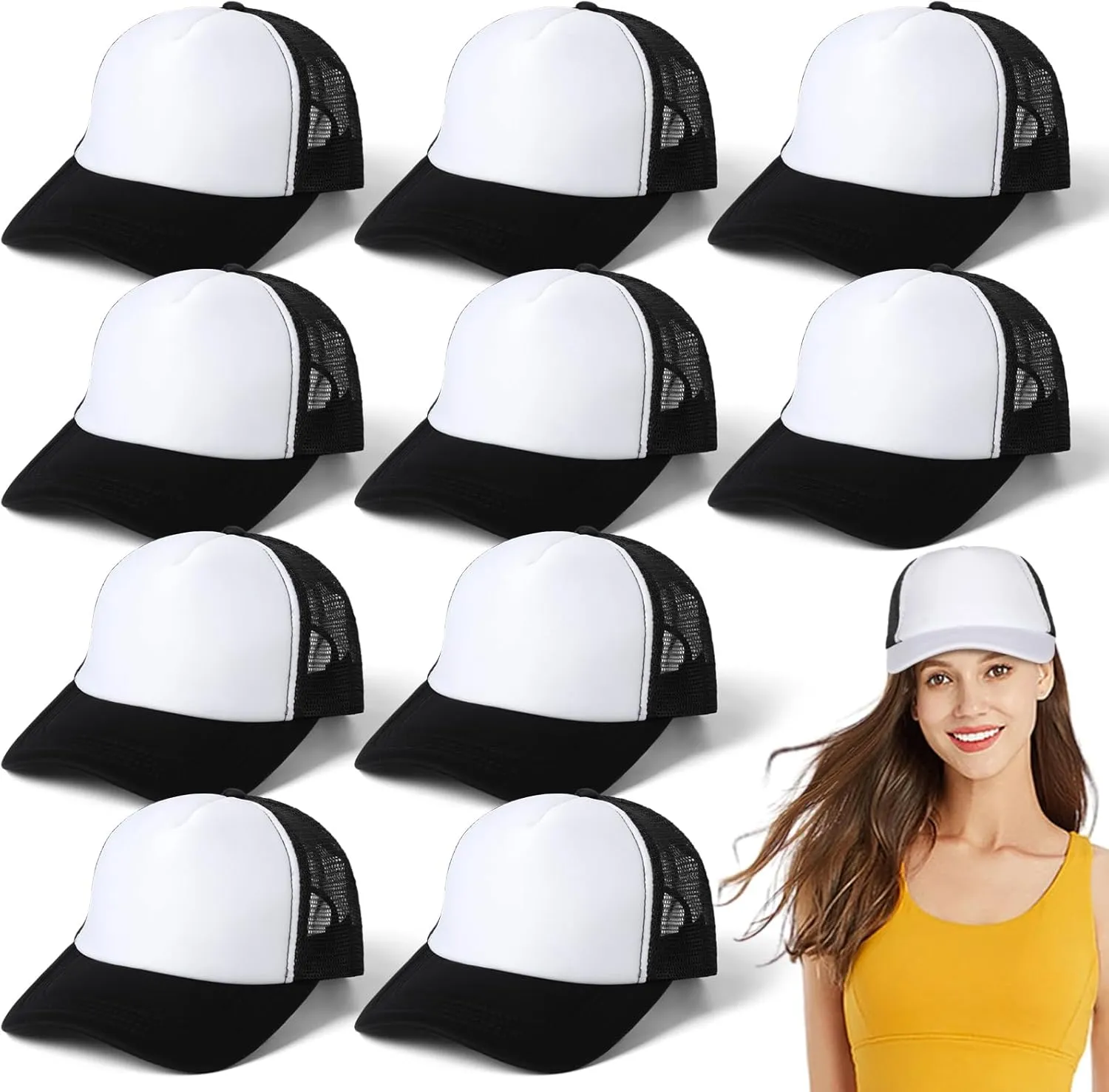10 PCS Sublimation Blank Trucker Hats, Plain Baseball Caps with Adjustable Back Strap Unisex Mesh Caps for Men and Women DIY