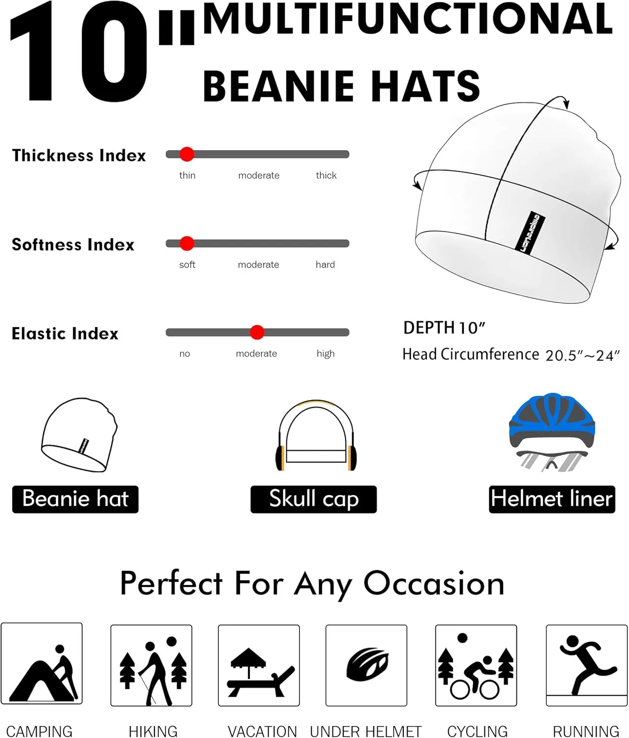 10" Multifunctional Soft Fashion Lightweight Beanies Hats, Cooling Running Skull Cap Helmet Liner Sleep Caps
