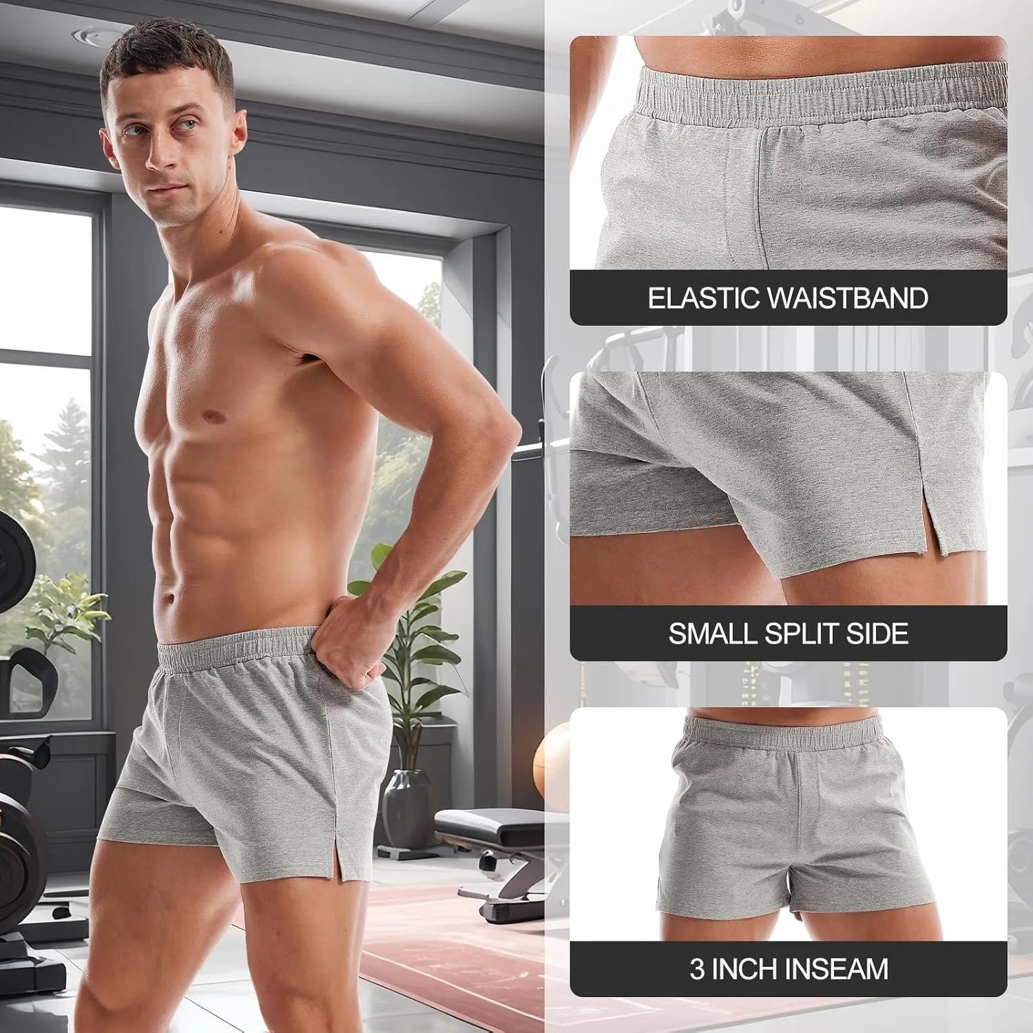AMY COULEE Mens Gym Shorts 3" Bodybuilding Workout Shorts Lightweight Running Lounge Cotton Sleep Bottoms