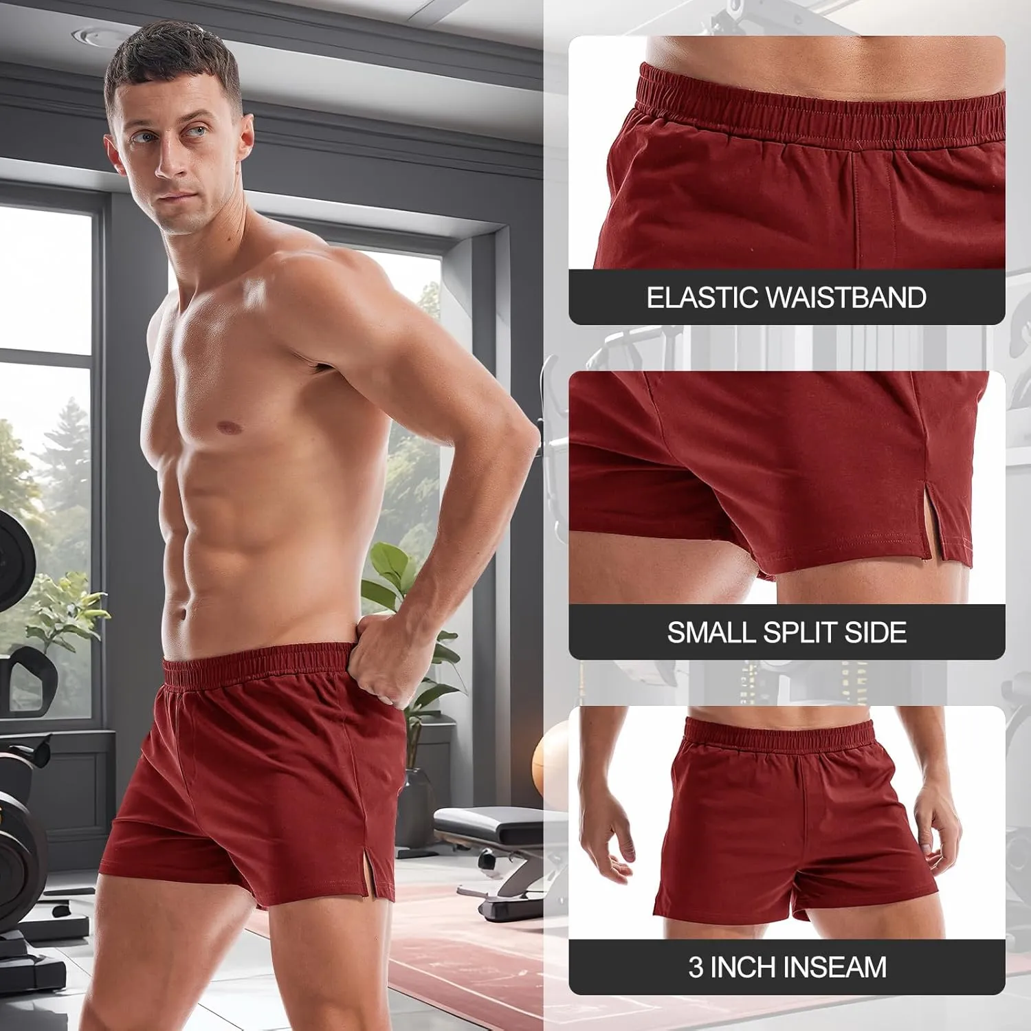 AMY COULEE Mens Gym Shorts 3" Bodybuilding Workout Shorts Lightweight Running Lounge Cotton Sleep Bottoms