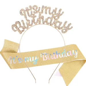 AOPRIE It's My Birthday Sash Headbands for Women Birthday Tiara & Crowns for Girls Rhinestone Happy Birthday Accessories Favor Supllies Gold White, 2 Pack