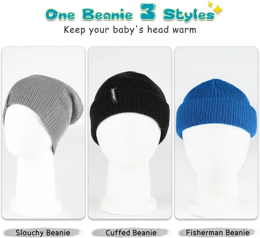 Baby Beanie Hat 3 Packs Toddler Girls Boys, Baby Hats Winter Warm Knitted Thermal with Fleece Lining, Kids Winter Hat