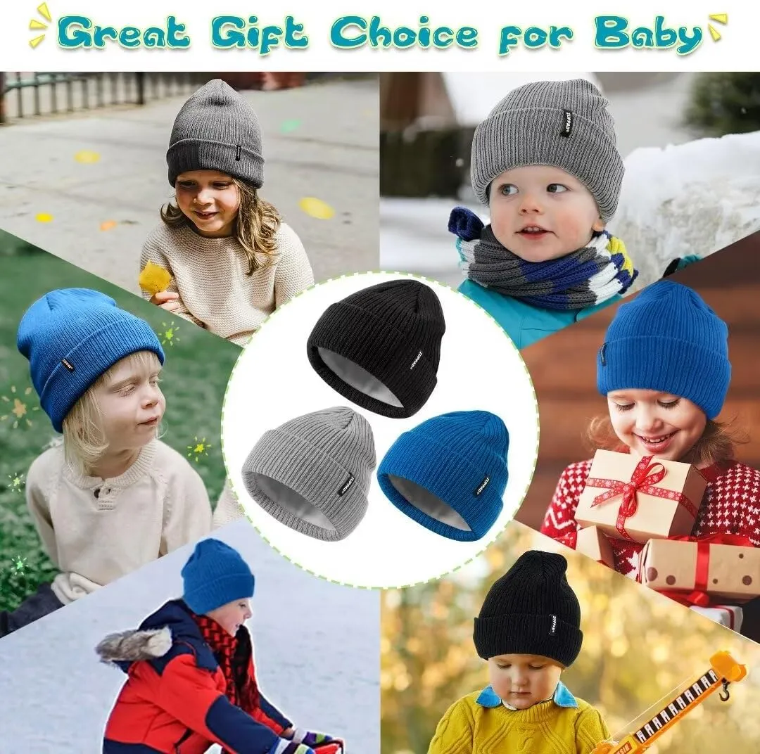 Baby Beanie Hat 3 Packs Toddler Girls Boys, Baby Hats Winter Warm Knitted Thermal with Fleece Lining, Kids Winter Hat