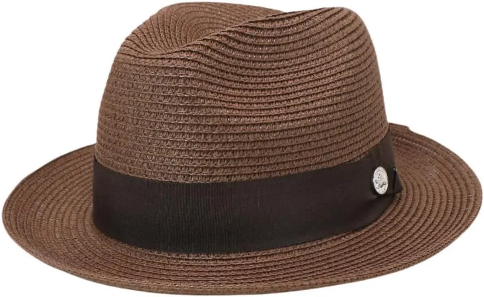 Classic Straw Fedora Hat, Brown Band with Decorative Button, Khaki