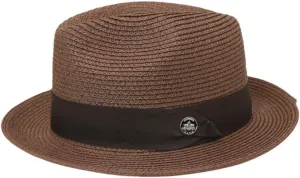 Classic Straw Fedora Hat, Brown Band with Decorative Button, Khaki