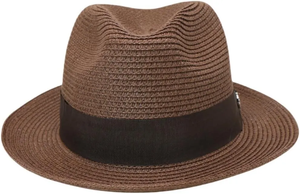 Classic Straw Fedora Hat, Brown Band with Decorative Button, Khaki