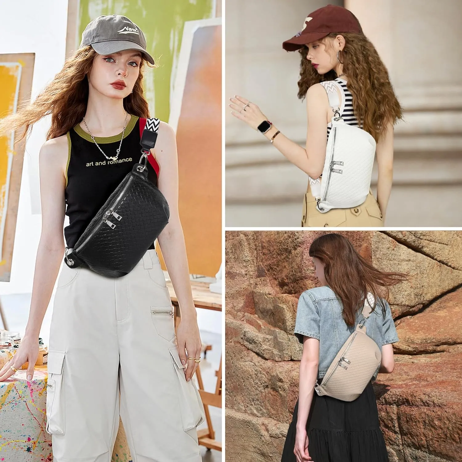 Crossbody Sling Bag Purse for Women - Small Chest Fanny Pack Trendy Travel Faux Leather Cross Body Bags with Adjustable Strap