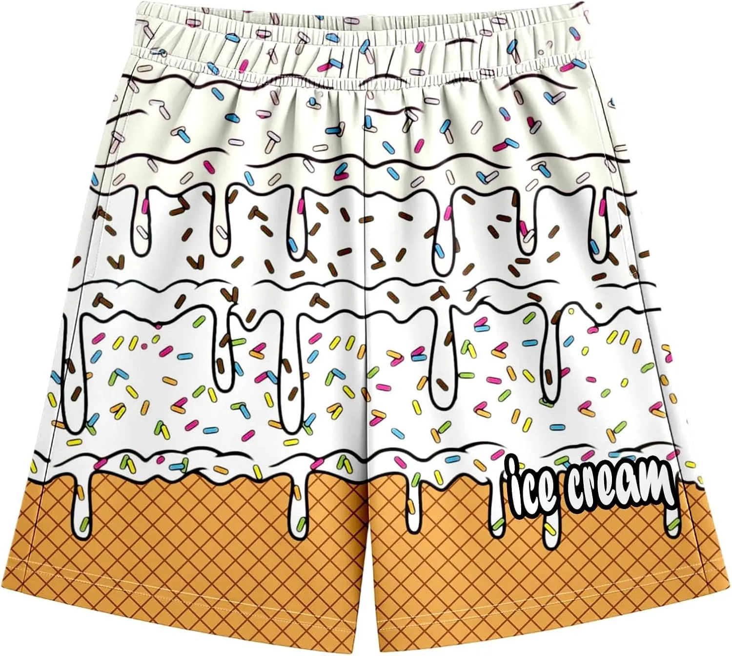 Ice Cream Shorts Boys Swim Trunks Elastic Waist with Pockets Summer Cool Cute Preppy Ice Cream Drip Baseball Shorts