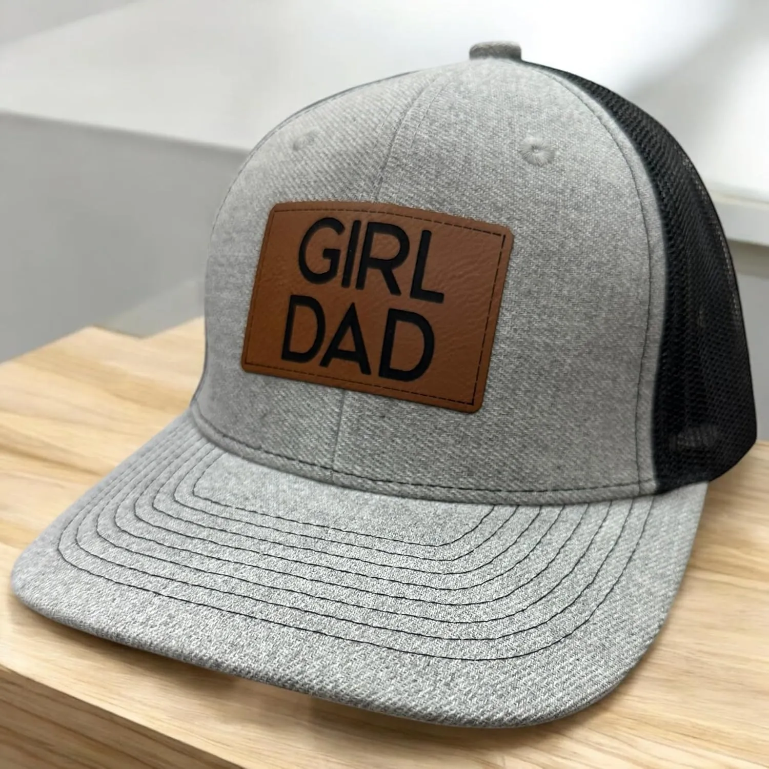 Mens Dad Hat, Gift for Dad, Gray Baseball Cap, Dad Trucker Hat, BR Rect Leather Patch Hat