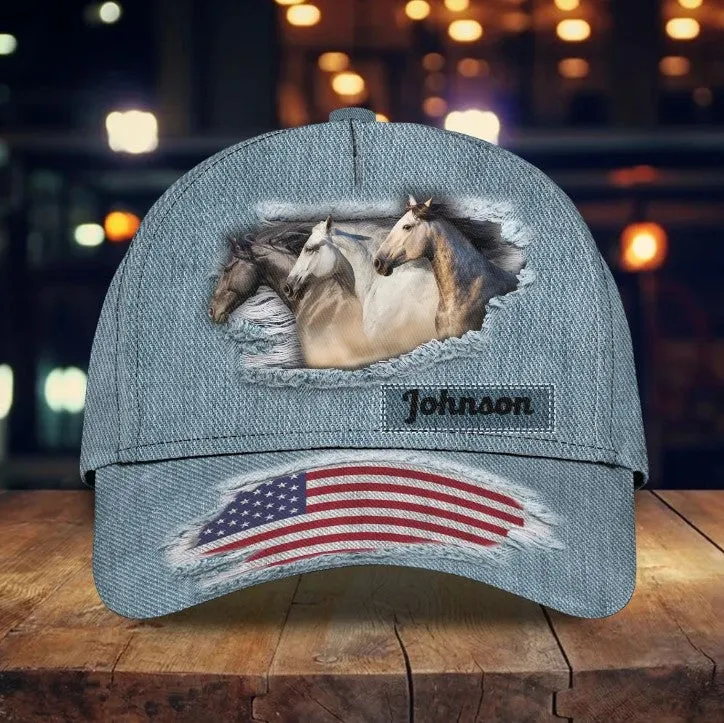 Personalized White Horse Cap American Flag Pattern for Horse Lovers, White Horse Hat for Him