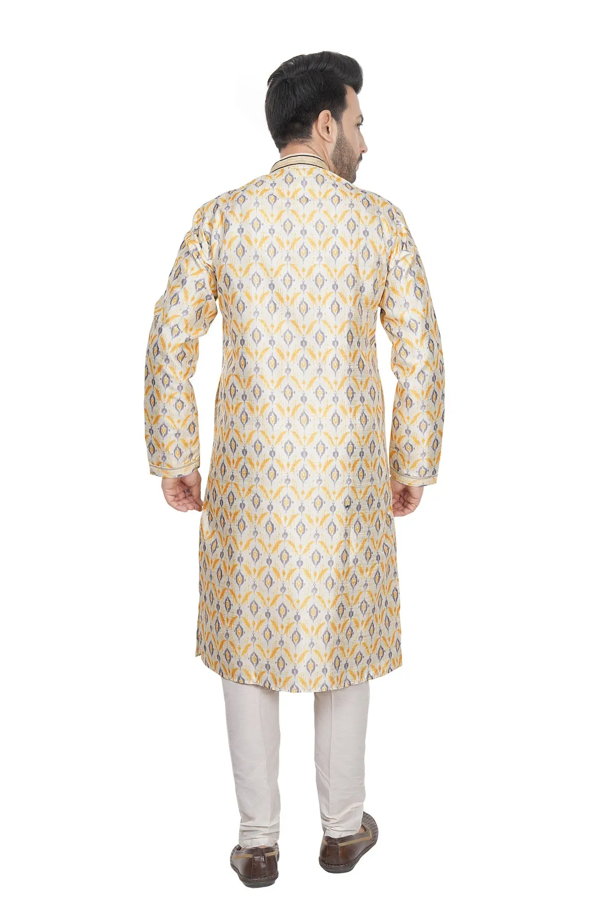Printed white mens kurta set