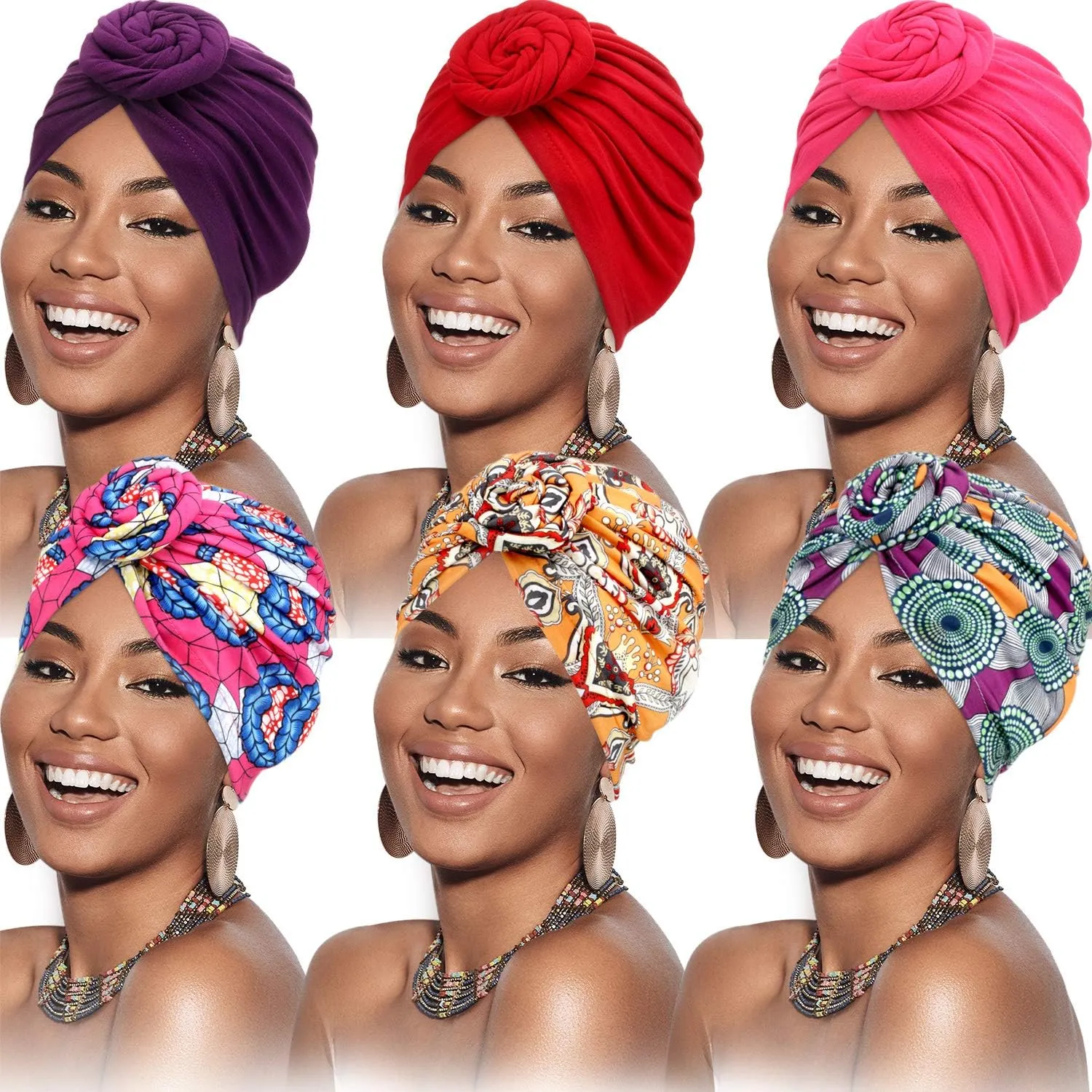 SATINIOR 6 Pieces Turban for Women African Turban Flower Knot Pre-Tied Cap Beanie Headwrap (Adorable Patterns) Multicoloured