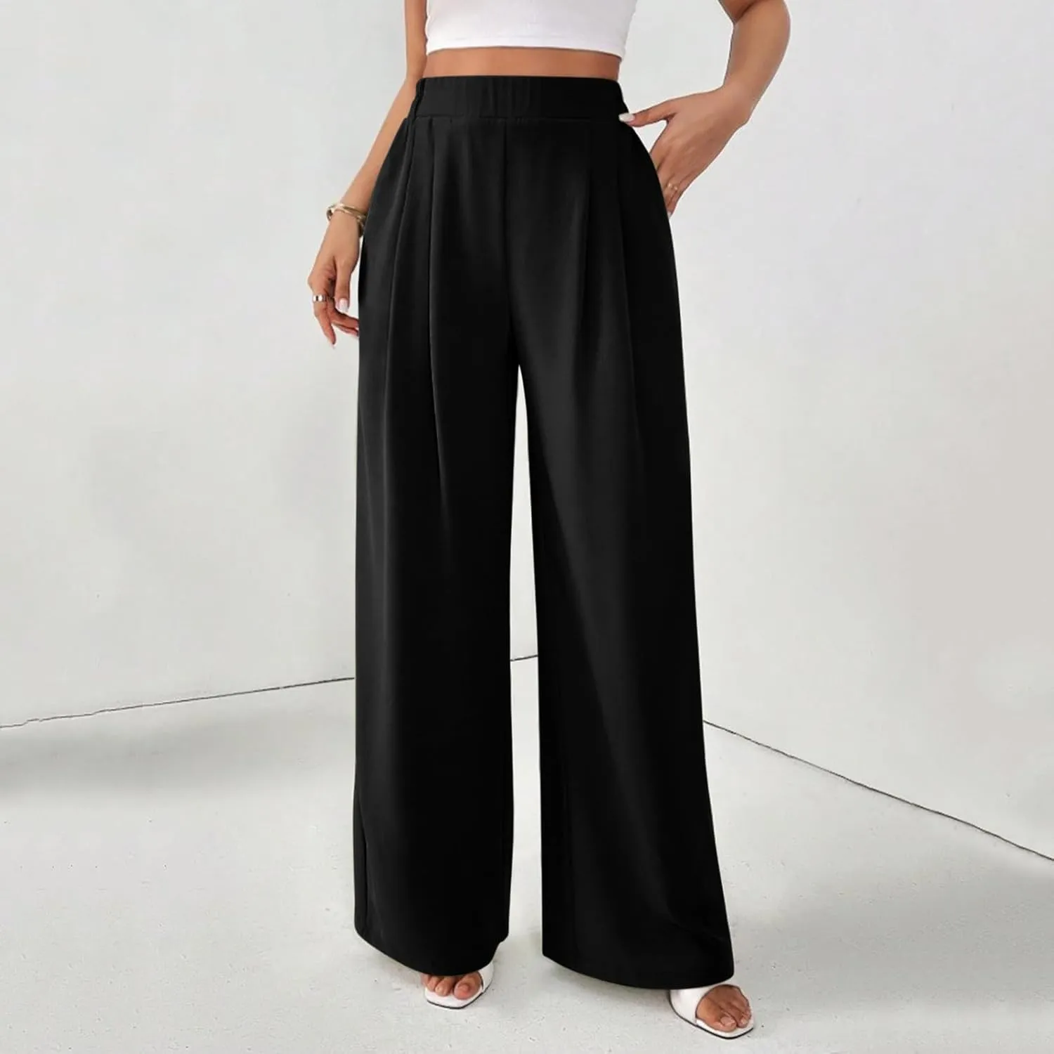 Suit Pants for Womens Solid Color High Rise Pockets Trousers Loose Lightweight Straight Leg Business Casual Pant
