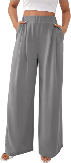 Suit Pants for Womens Solid Color High Rise Pockets Trousers Loose Lightweight Straight Leg Business Casual Pant