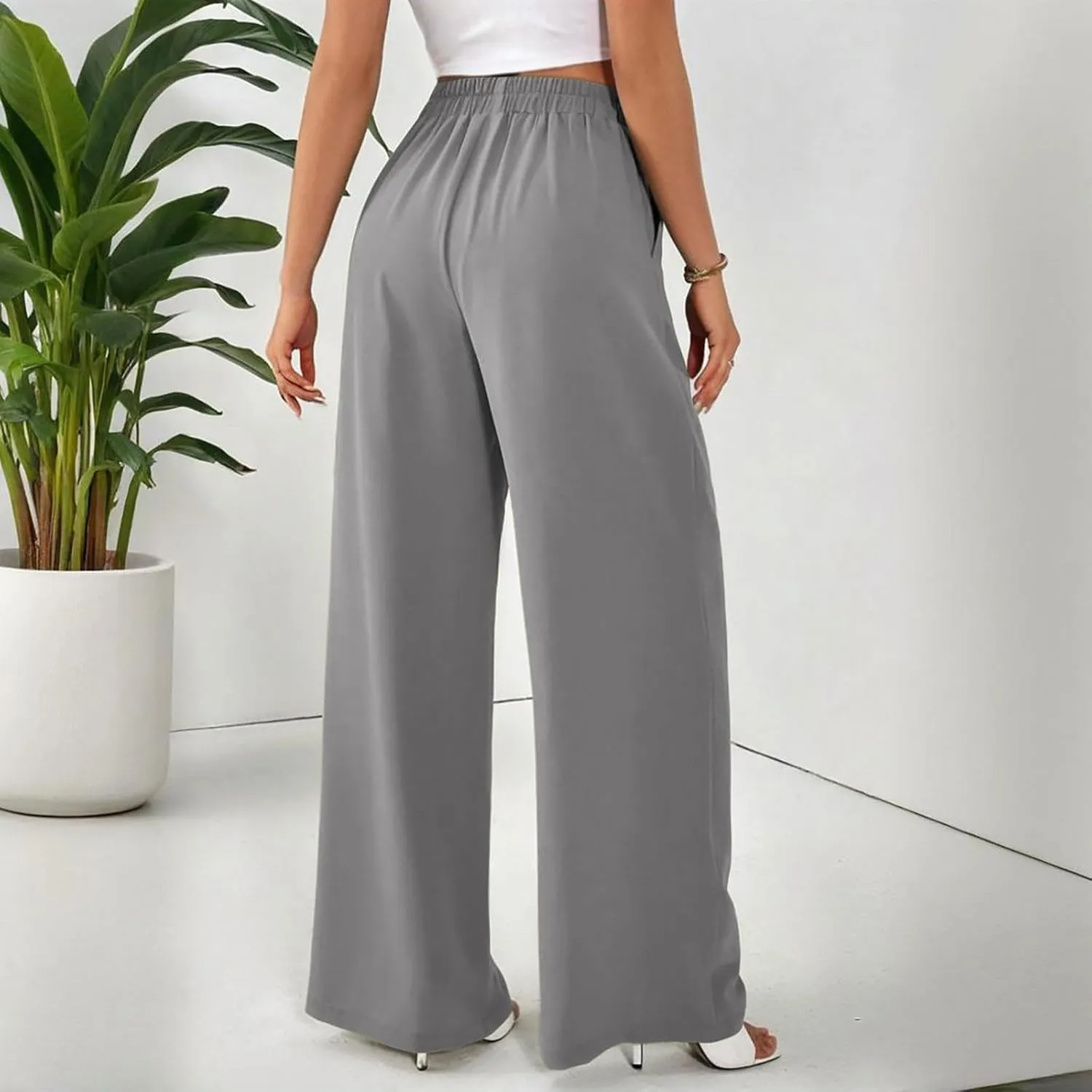 Suit Pants for Womens Solid Color High Rise Pockets Trousers Loose Lightweight Straight Leg Business Casual Pant