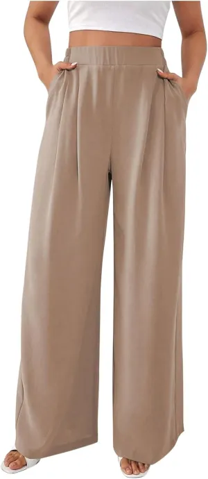 Suit Pants for Womens Solid Color High Rise Pockets Trousers Loose Lightweight Straight Leg Business Casual Pant
