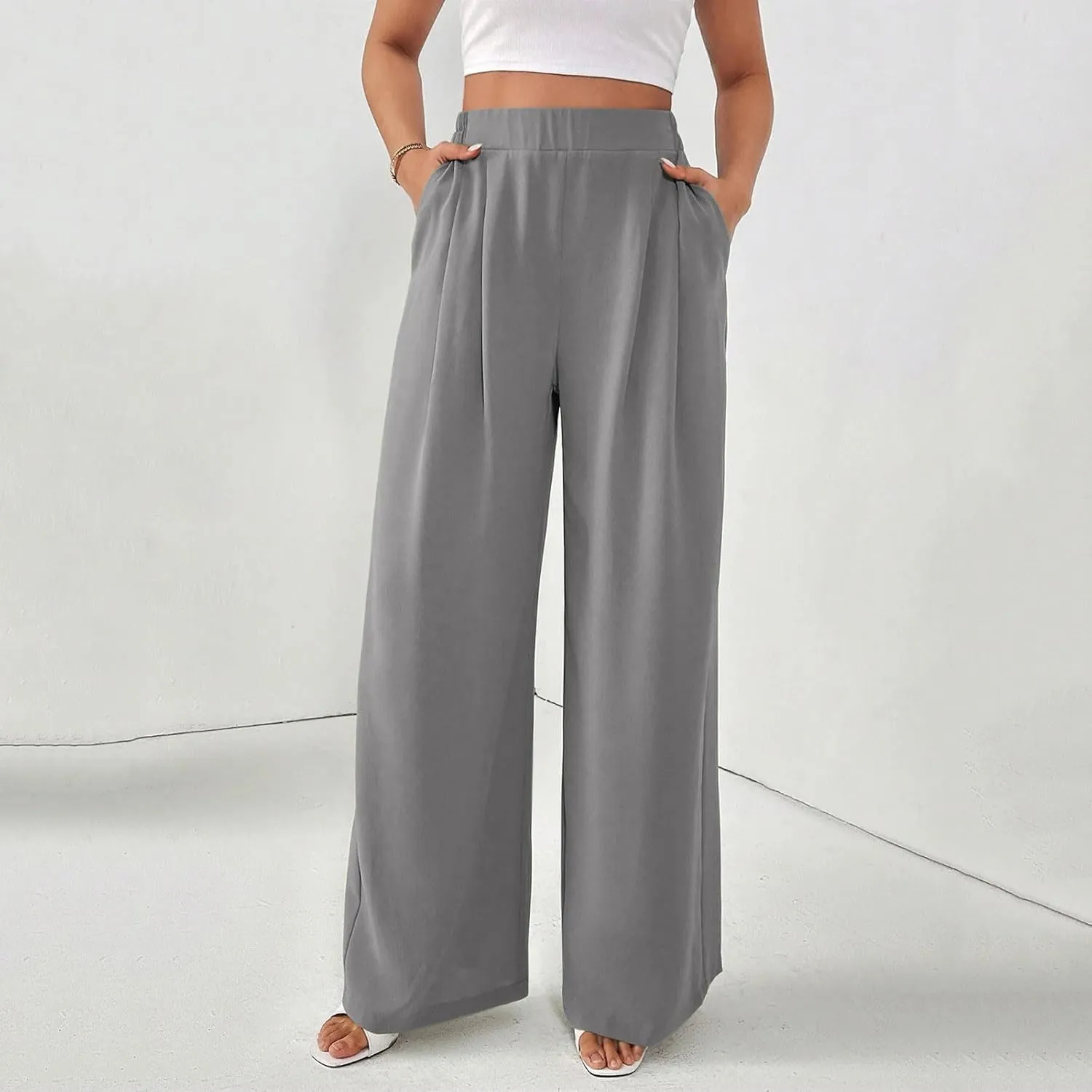 Suit Pants for Womens Solid Color High Rise Pockets Trousers Loose Lightweight Straight Leg Business Casual Pant
