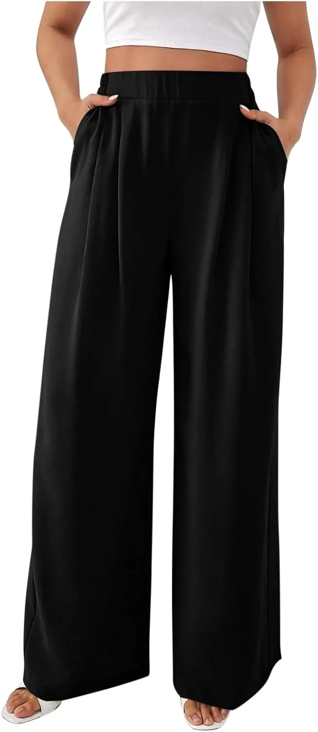 Suit Pants for Womens Solid Color High Rise Pockets Trousers Loose Lightweight Straight Leg Business Casual Pant