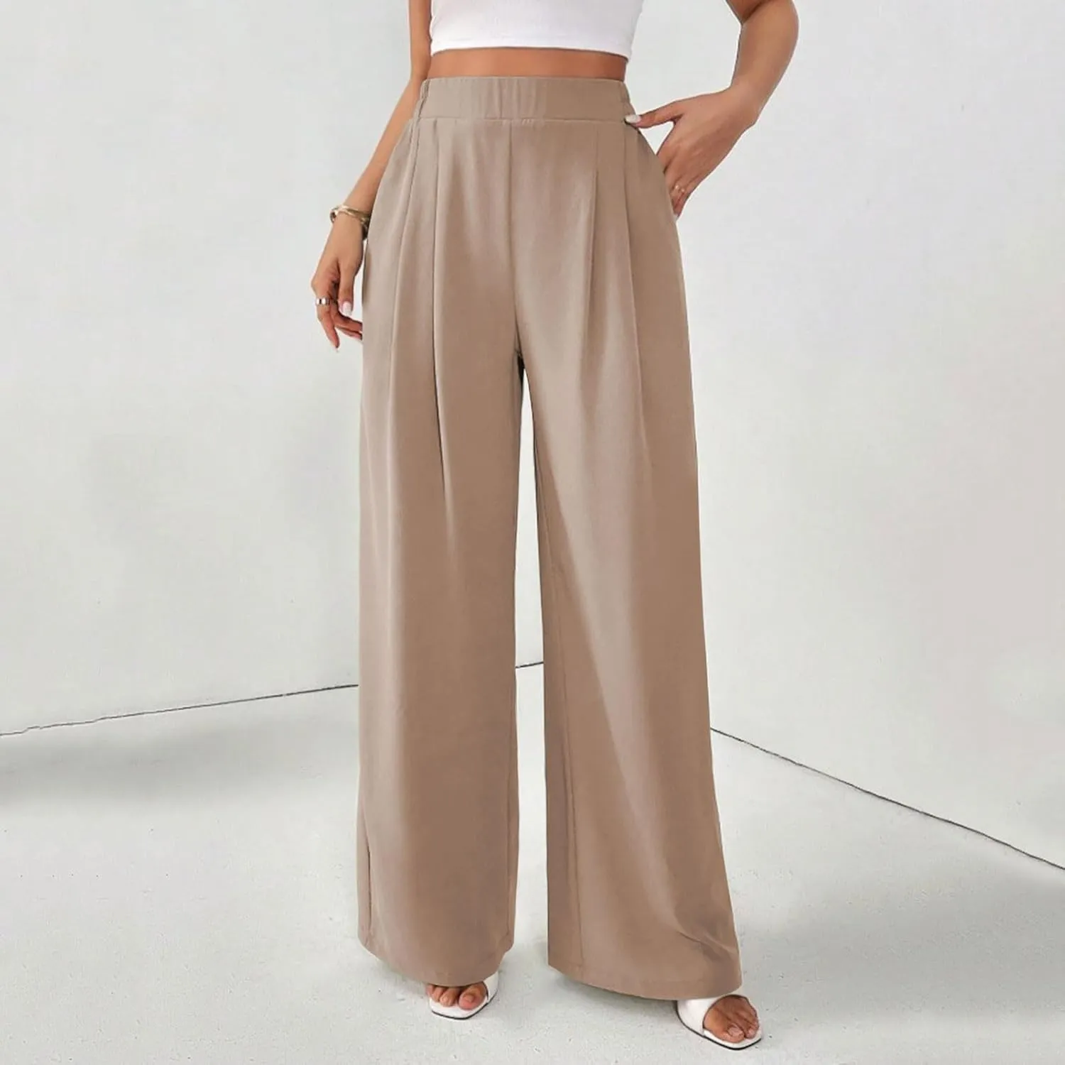 Suit Pants for Womens Solid Color High Rise Pockets Trousers Loose Lightweight Straight Leg Business Casual Pant