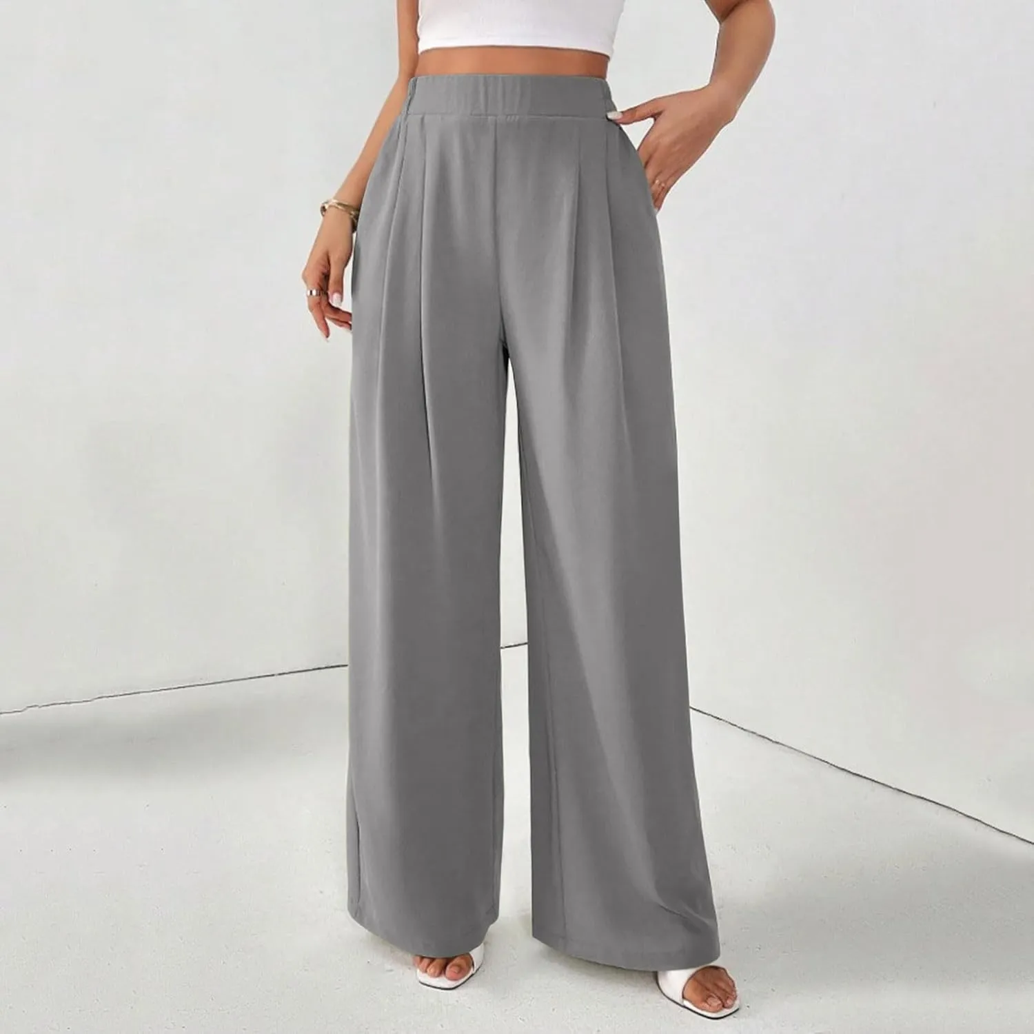 Suit Pants for Womens Solid Color High Rise Pockets Trousers Loose Lightweight Straight Leg Business Casual Pant