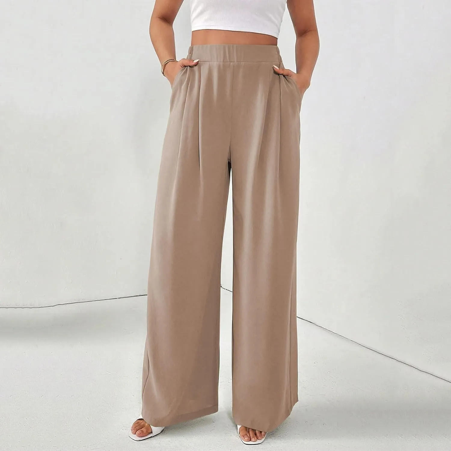 Suit Pants for Womens Solid Color High Rise Pockets Trousers Loose Lightweight Straight Leg Business Casual Pant