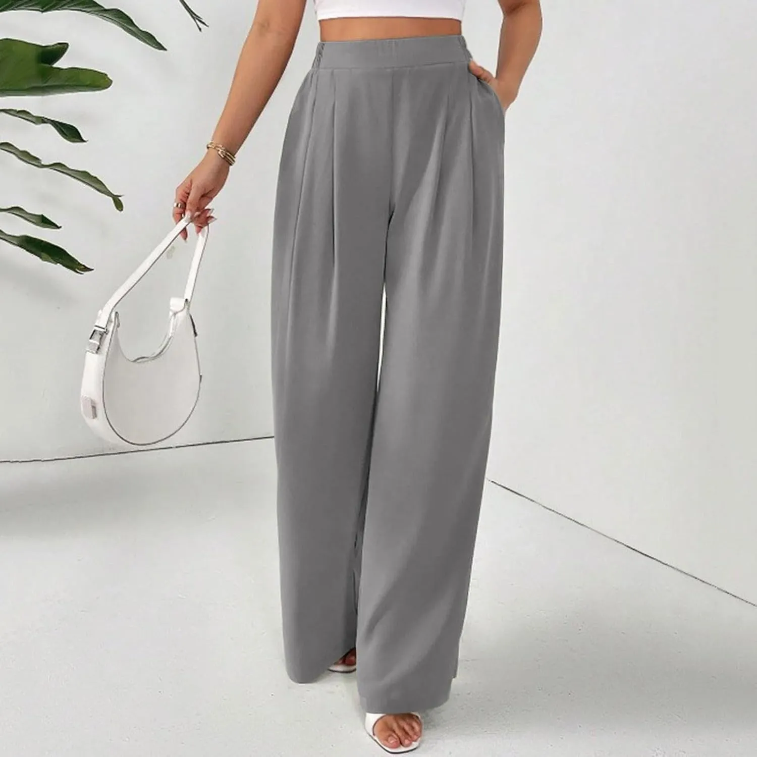 Suit Pants for Womens Solid Color High Rise Pockets Trousers Loose Lightweight Straight Leg Business Casual Pant