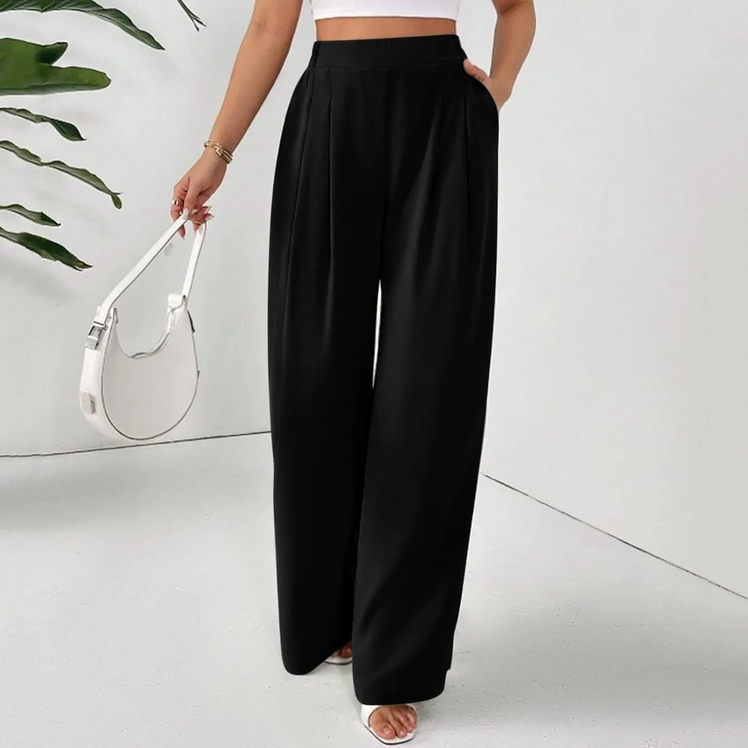 Suit Pants for Womens Solid Color High Rise Pockets Trousers Loose Lightweight Straight Leg Business Casual Pant