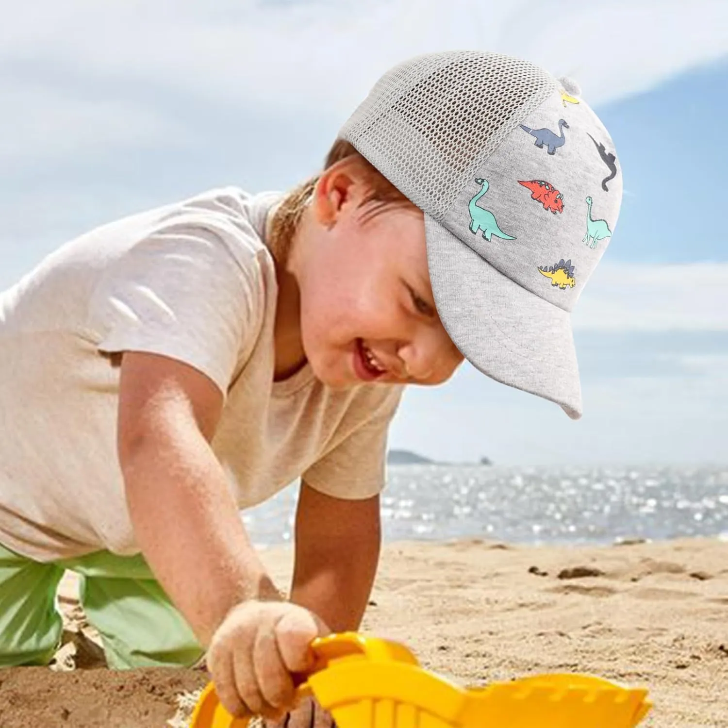 Toddler Baseball Hat with Mesh Adjustable Dinosaur Printed Trucker Hat Outdoor Beach Summer Infant Sun Cap for Kid Boy