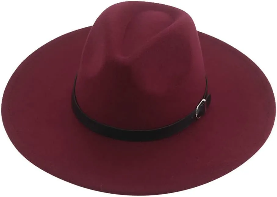 Vsadsau Women Men Felted Hat Fedoras Hats Big Brim Belt Caps Solid Formal Wedding Hat