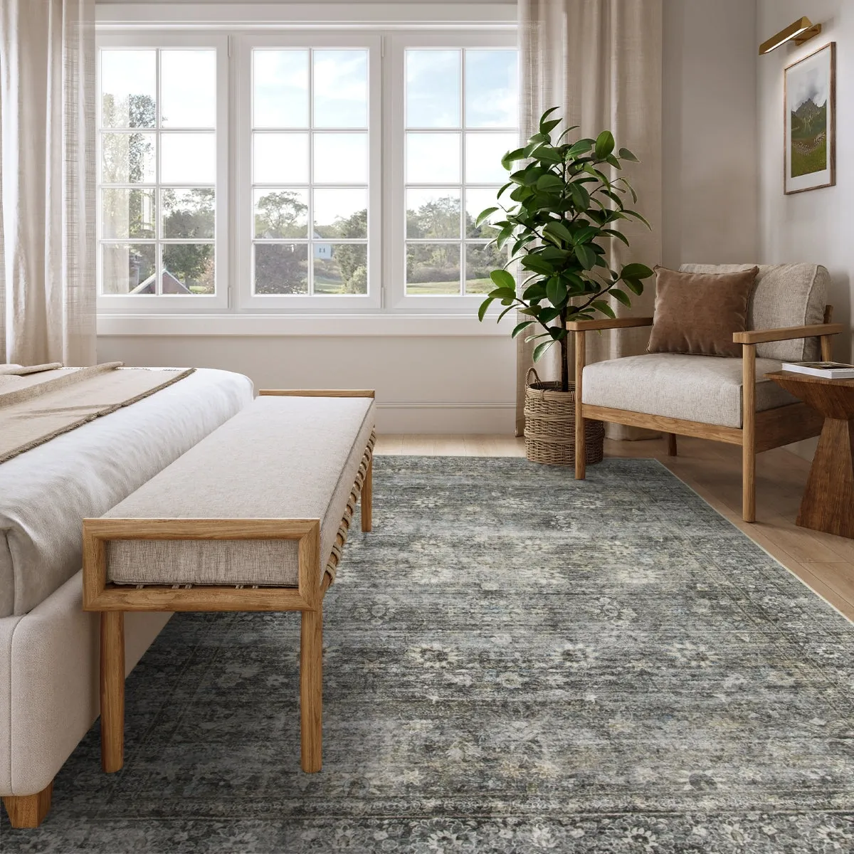 Winifred Distressed Vintage Antique Floral Charcoal Green Area Rug