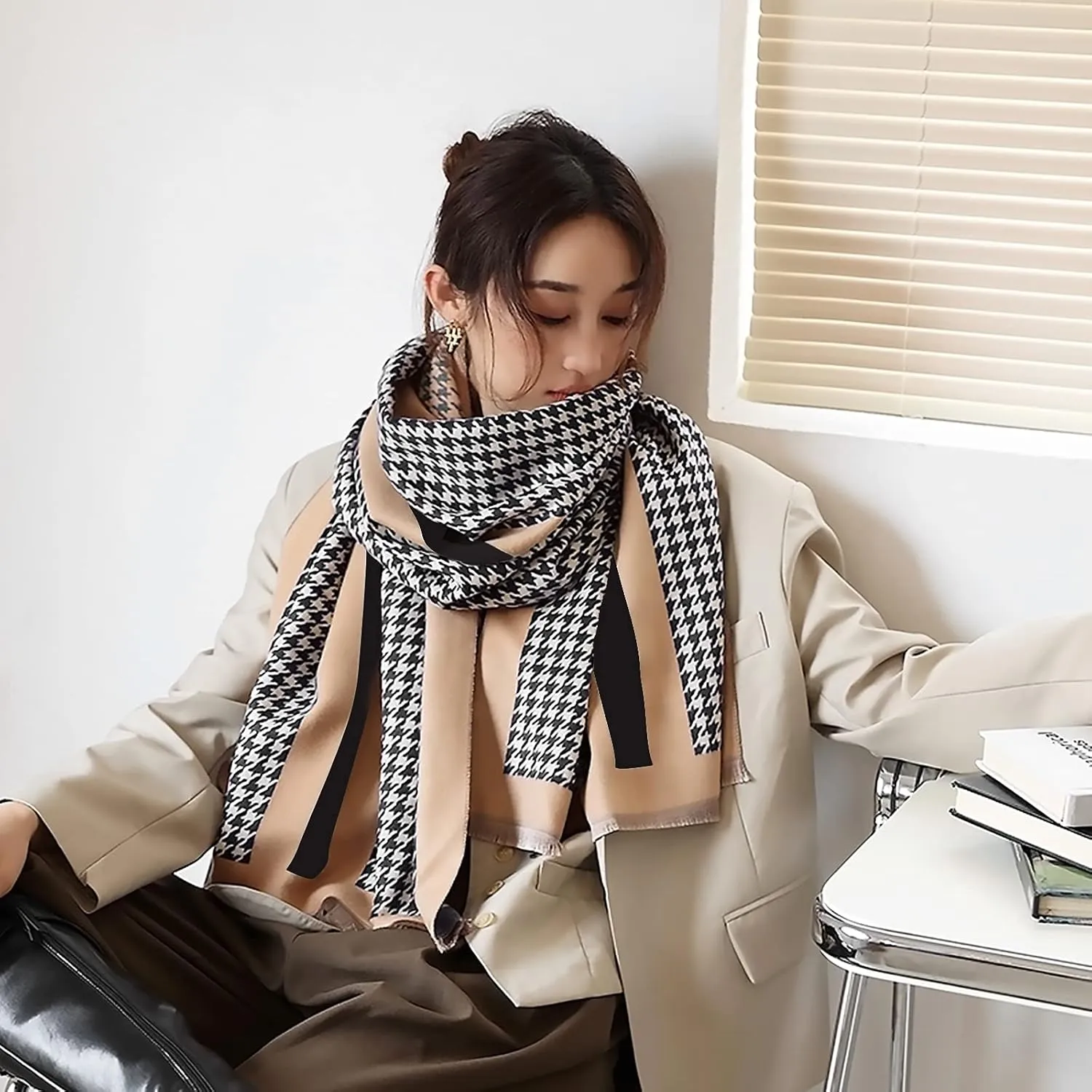 Winter Cashmere Scarf Shawl For Women Classic Houndstooth Pashmina Scarves With Tassel Warm Soft Long Thickened Wrap