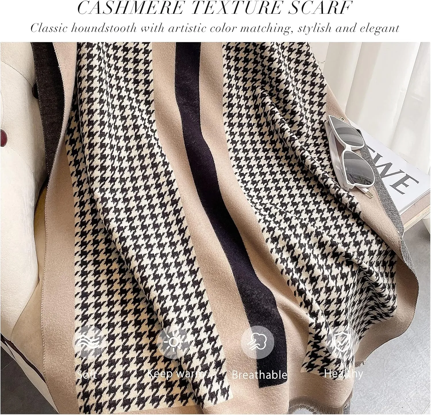 Winter Cashmere Scarf Shawl For Women Classic Houndstooth Pashmina Scarves With Tassel Warm Soft Long Thickened Wrap