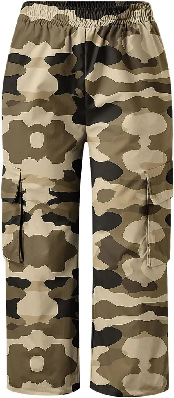 Womens Plus Size Cargo Capris Fashion Camouflage Elastic Waist Straight Leg Loose Sporting Capri Pants with Pockets