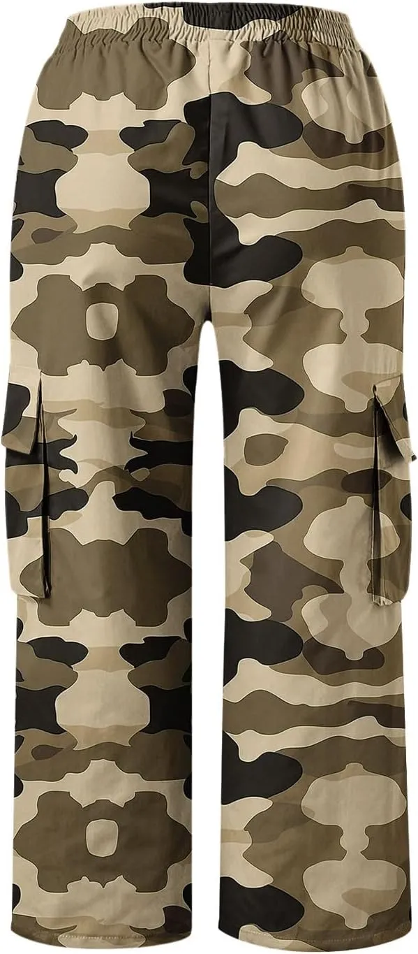 Womens Plus Size Cargo Capris Fashion Camouflage Elastic Waist Straight Leg Loose Sporting Capri Pants with Pockets