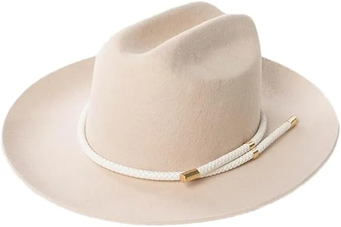 Women's Wool Fedora Hat Braided Pu Rope Wide Crimping Brim Panama Cap Beige 57