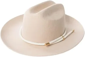 Women's Wool Fedora Hat Braided Pu Rope Wide Crimping Brim Panama Cap Beige 57