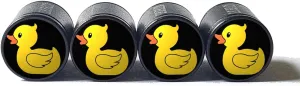 Yellow Rubber Ducky Tire Valve Caps - Black Aluminum - Set of Four