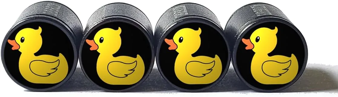 Yellow Rubber Ducky Tire Valve Caps - Black Aluminum - Set of Four